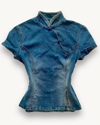 Chenqi Top - Denim Mandarin Collar