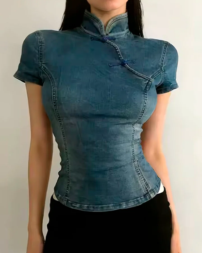 Chenqi Top - Denim Mandarin Collar